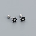 Elegant S925 silver flower stud earrings with black petals and screw ball back - Six-Petal Flower Black Zirconia (YHE0471) / White Gold (Black Stone)