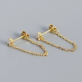 S925 silver gold plated earrings with rectangular zircon and dangling chain tassel - 925 Silver / Golden (White Stone)