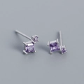 Sterling silver square purple zircon stud earrings with elegant four-prong setting - Platinum (Purple Stone)
