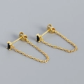 S925 silver fringe tassel stud earrings in gold finish with black rectangular zircon - 925 Silver / Gold Tone (Black Stone)
