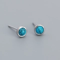 Orecchini a lobo tondi in argento S925 con pietre di turchese blu e venature nere naturali - Turchese Blu