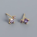 S925 silver stud earrings with purple princess cut zircon stones in gold finish - Golden (Purple Stone)