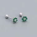 Floral S925 silver earrings with emerald green and white cubic zirconia and screw back - Six-Petal Flower Green Zirconia (YHE0471) / Platinum (Green Zirconia)