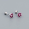 Pendientes de flores en plata S925 con circonitas rosas y blancas y cierre de tornillo - Platino (Piedra Roja)