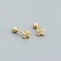 Golden star flower stud earrings with sparkling zircons and screw ball backs - 925 Silver / Golden (White Stone)