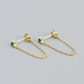 Minimalist gold S925 silver stud earrings with green emerald gems and chain fringe - 925 Silver / Golden (Green Stone)