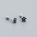 Star flower S925 silver stud earrings with black zircon stones and screw back - 925 Silver / White Gold (Black Stone)