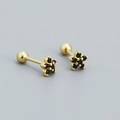 Delicate gold flower stud earrings with black zircons and screw ball back design - 925 Silver / Gold Tone (Black Stone)
