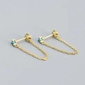 S925 silver gold-plated stud earrings featuring turquoise gemstone and dangling chains - 925 Silver / Gold (Turquoise Stone)