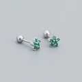 S925 silver flower stud earrings with green zircon and secure screw-back closure - 925 Silver / Platinum (Green Zirconia)