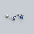 S925 sterling silver flower stud earrings with dark blue zircon and screw ball back - 925 Silver / Platinum (Blue Zirconia)