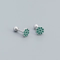 S925 sterling silver daisy stud earrings with turquoise enamel and screw back closure - 925 Silver / Platinum (Green Stone)