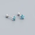 S925 silver flower stud earrings with screw back and light blue zircon stones - 925 Silver / Platinum (Turquoise Stone)