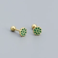 S925 silver flower stud earrings with green enamel and gold-plated screw ball back - 925 Silver / Gold (Green)