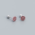 S925 sterling silver flower screw back stud earrings with red enamel floral petals - 925 Silver / Platinum (Red)
