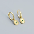 Gold plated S925 silver starburst hoop earrings with square green zircon pendant - Golden (Green Stone)
