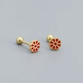 Floral s925 silver stud earrings with red enamel flower and gold screw ball back - 925 Silver / Gold (Red)