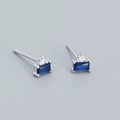 Minimalist S925 sterling silver stud earrings with blue rectangular zircon and tiny diamond - 925 Silver / Platinum (Blue Zirconia)