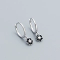 S925 silver flower hoop earrings with black zircon stones and hinged closure design - 925 Silver / Platinum Plated - Black Zircon