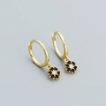 Gold s925 silver hoop earrings with black zircon flower pendant for women - 925 Silver / Gold Plated - Black Zircon