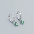 S925 silver hoop earrings featuring floral pendants with green zircon and clear crystals - 925 Silver / Platinum Plated - Green Zircon