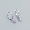 S925 silver hoop earring with purple zircon flower pendant and white center stone - 925 Silver / Platinum Plated Purple Zirconia