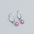 S925 silver hoop earrings with pink cubic zirconia flower pendant for women - 925 Silver / Platinum Plated Red Zirconia