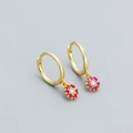 S925 sterling silver gold-plated hoop earrings with red zircon floral pendant - 925 Silver / Gold Plated Red Zirconia