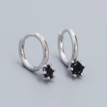 Silver S925 sterling hoop earrings featuring a single round black zircon stone - Platinum Color (Black Stone)