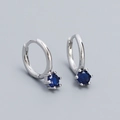 S925 sterling silver hoop earrings featuring brilliant round blue zircon in 6-prong setting - Platinum Color (Blue Stone)