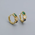Gold s925 silver hoop earrings with three-color emerald, white, and blue oval zircon stones - 925 Silver / Gold