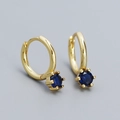 S925 silver gold hoop earrings featuring a round dark blue zircon in a six-prong setting - Gold Color (Blue Stone)