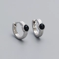 S925 silver hoop earrings featuring minimalist round black gemstone inlay design - 925 Silver / Platinum Color (Black Onyx)