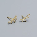 Golden olive leaf branch stud earrings with sparkling marquise-cut zircon stones - Gold