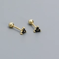 S925 sterling silver screw-back stud earrings with three black zircons in golden finish - 925 Silver / Gold Plated - Black Zircon
