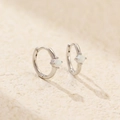 Minimalist S925 sterling silver hoop earrings with a round white opal stone inlay - 925 Silver / Platinum (White Stone)