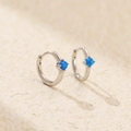 Minimalist S925 silver hoop earrings featuring a round blue opal in a four-prong setting - 925 Silver / Platinum (Blue Zirconia)