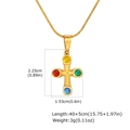 Macro shot of 18k gold plated cross pendant with colorful stones and chain measurements - Cross Pendant Necklace / Multi-Color Stone (PN-2196G)