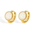 Gold plated hoop earrings with white enamel round pendant featuring initial letter G - Letter C