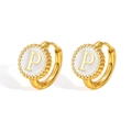 Golden stainless steel hoop earrings with white enamel round pendant featuring letter P - Letter P