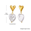 Macro view of 18k gold plated heart studs with white pearl drops and dimensions - ED-891G (Gold)