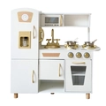 Witte en gouden houten speelkeuken met koelkast, fornuis en roestvrijstalen accessoires - Minimalistische Gouden Keuken 15kg