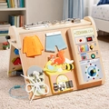 Wooden busy board toy featuring LED power switches and skill-building activities for kids - 4-in-1 Circuit Board