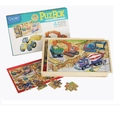 Holzpuzzle-Set mit Baufahrzeugen inklusive Aufbewahrungsbox und vier 24-Teile-Szenen - Baufahrzeug