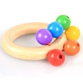 Rainbow wooden baby rattle with smooth natural wood ring and colorful sensory beads - Round
