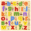 Pädagogisches 3D-Alphabet-Holzpuzzle mit phonetischen Symbolen und bunten Illustrationen - Kleinbuchstaben