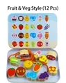 Educational wooden bead threading toy with fruit and animal blocks in a blue metal tin box - Fruit & Vegetables