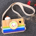 Wooden toy camera kaleidoscope with natural wood texture and colorful rainbow stripes - Hanging Style