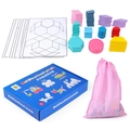 Buntes geometrisches Holzpuzzle-Set mit Referenzkarten und rosa Kordelzug-Aufbewahrungsbeutel - Macaron-Farbe