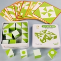 3D wooden spatial logic puzzle with green geometric blocks, cards and metal box - Tin Box Spatial Logic Blocks